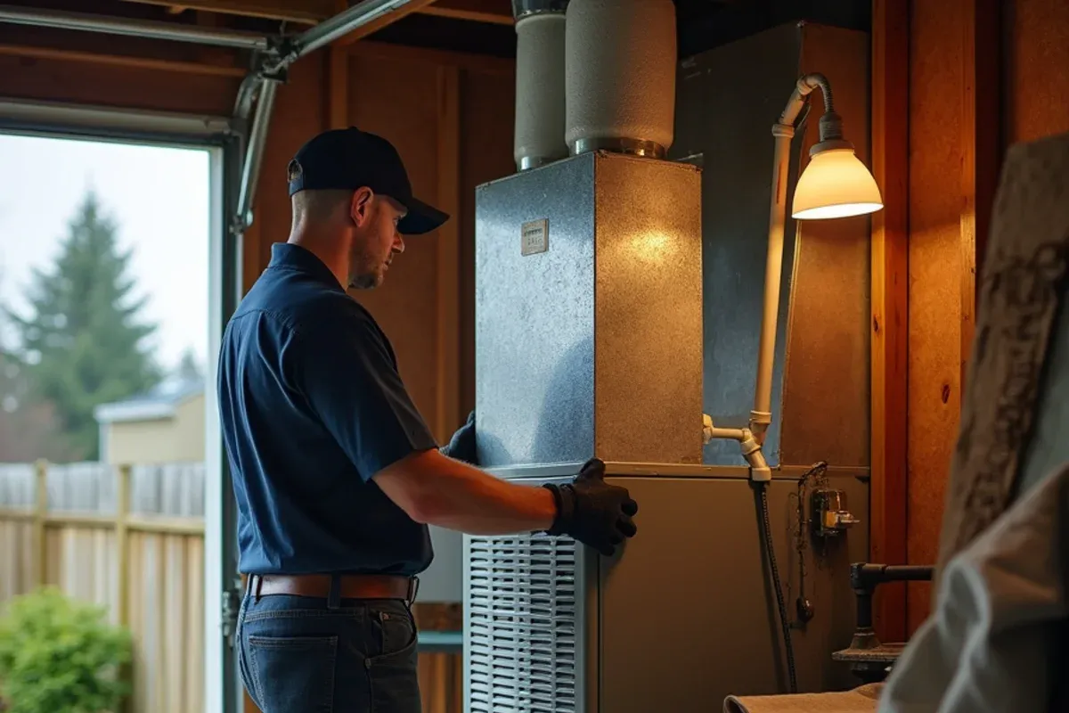 Technician setting an evaporator coil on top of a furnace during central AC installation in Bremerton, WA