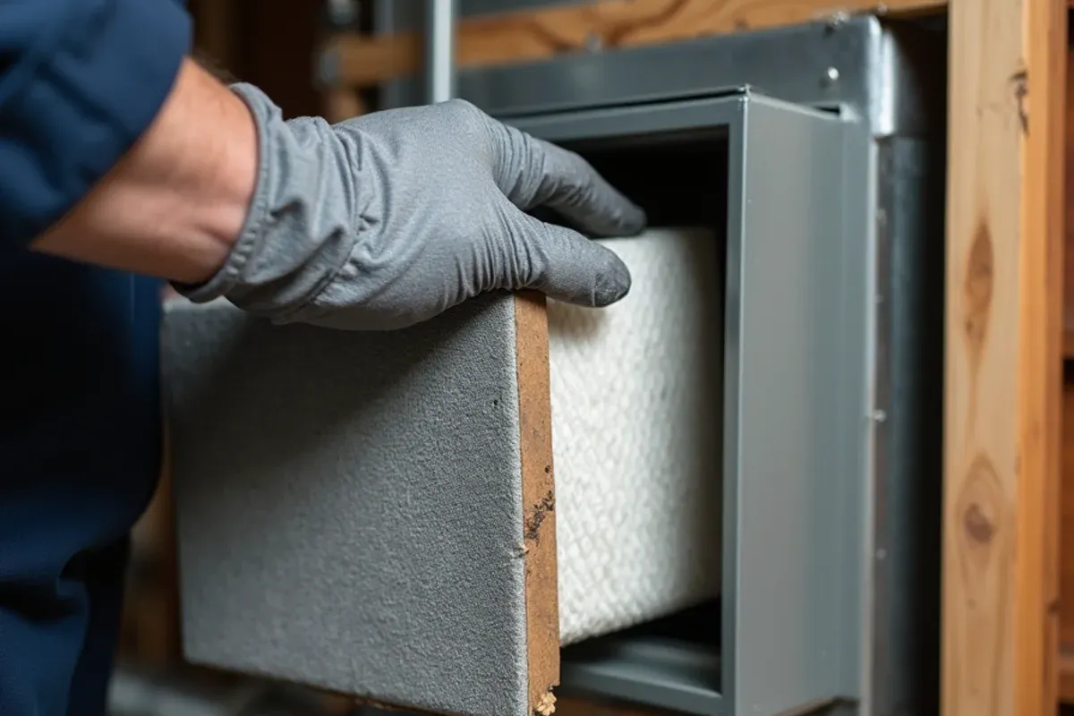 MERV 13 media filter being installed in a furnace filter cabinet for smoke season in Bremerton, WA