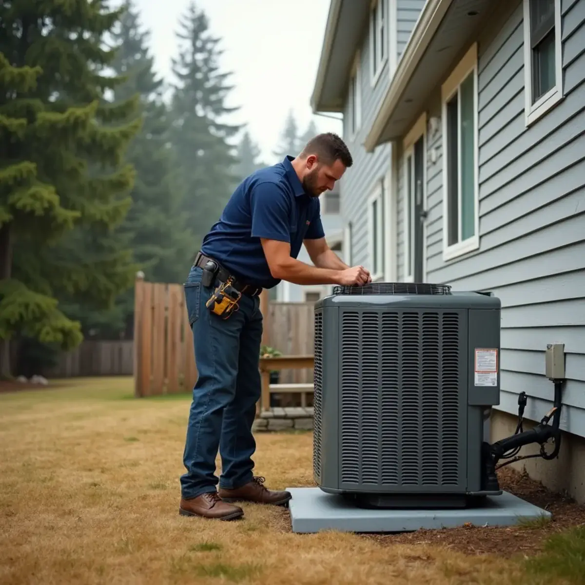 Technician installing an outdoor air conditioning condenser beside a two-story home in Bremerton, WA