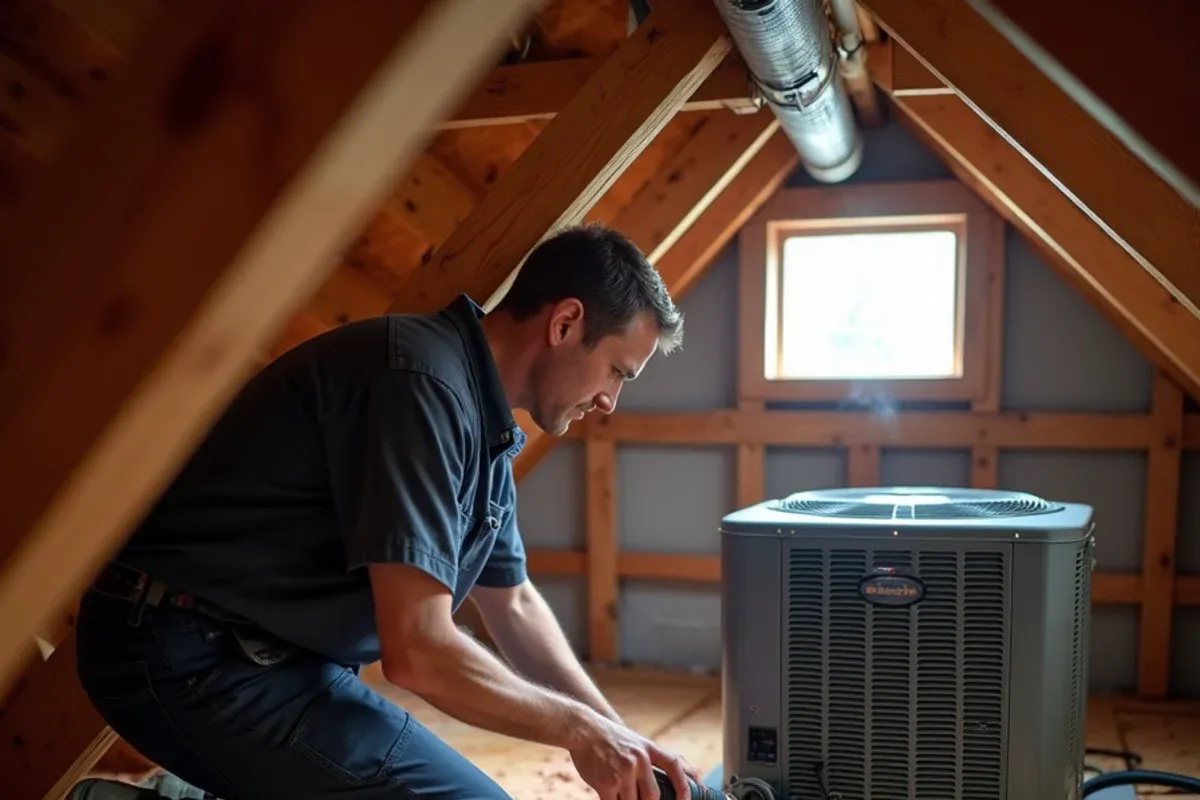 Technician clearing a clogged condensate drain on an attic air handler during AC repair in Bremerton, WA