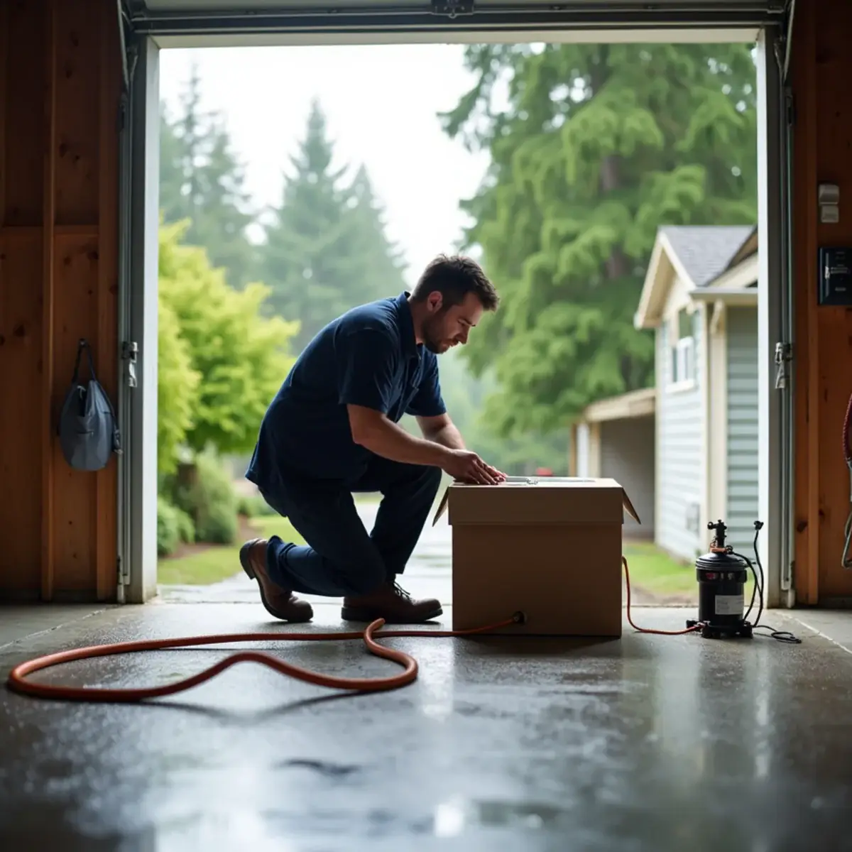 Technician checking a customer-supplied mini-split box in a Silverdale, WA garage before installation