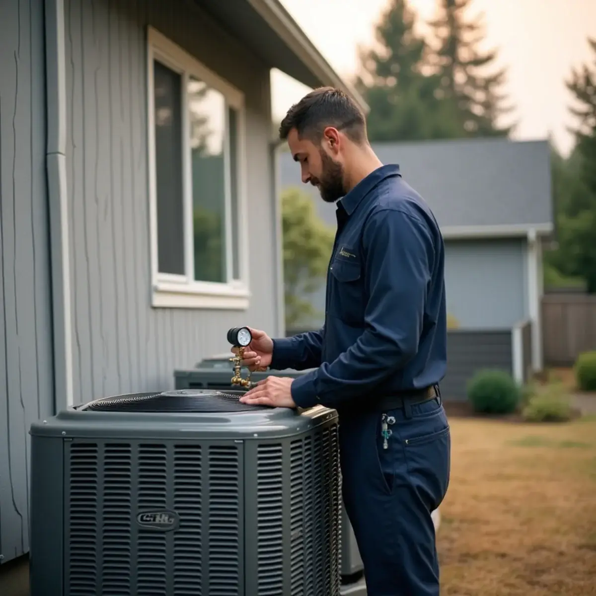 Technician setting a heat pump condenser beside a Silverdale, WA home on a hazy summer afternoon
