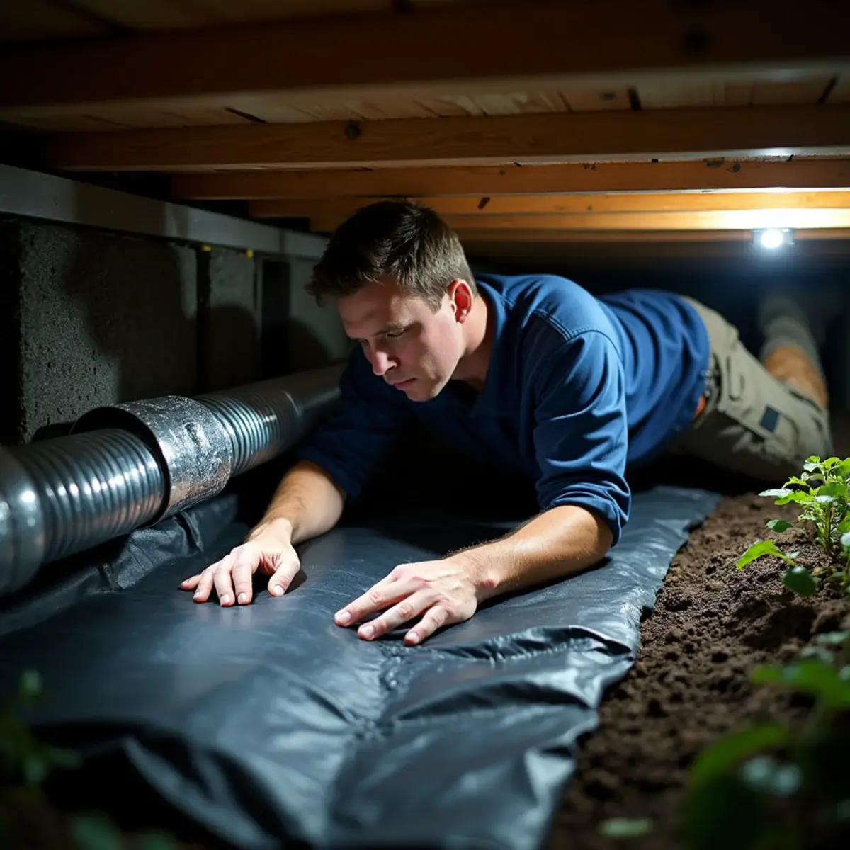 Technician inspecting a disconnected duct in a damp crawlspace in Port Orchard, WA