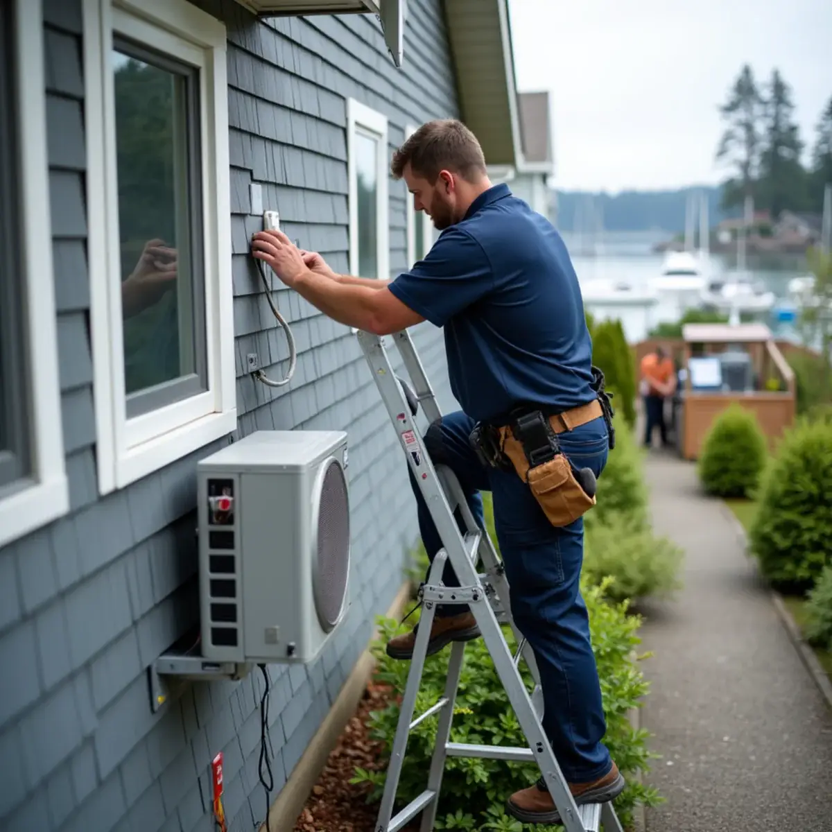 Ductless mini-split outdoor unit on a wall bracket at a Gig Harbor, WA home overlooking the water