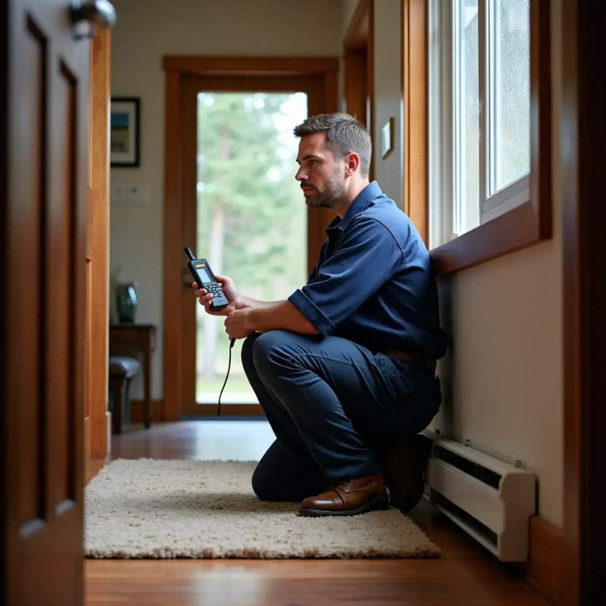 Technician measuring supply air temperature at a floor register in a Poulsbo, WA home