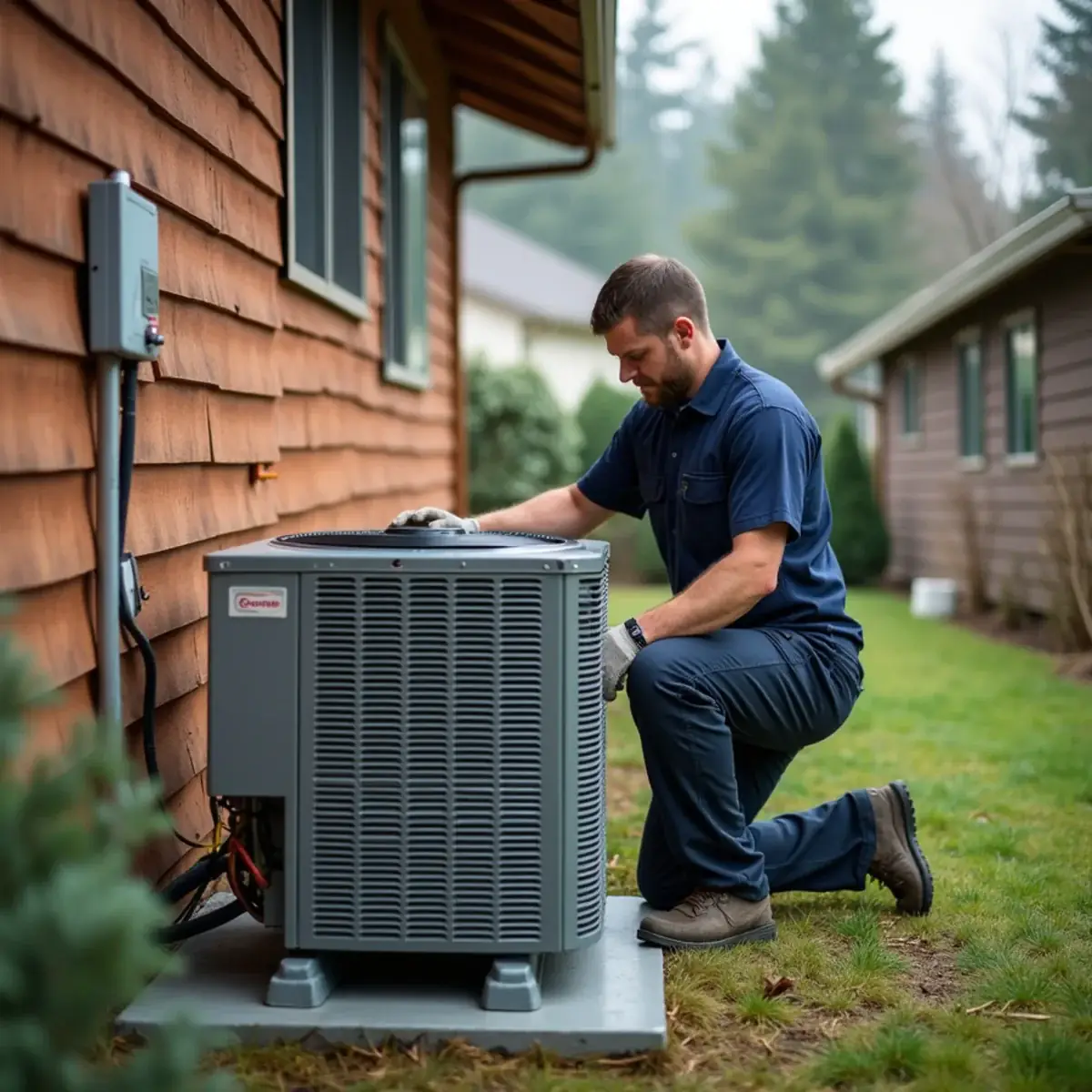 New heat pump outdoor unit being installed on a raised pad at a Bremerton, WA home