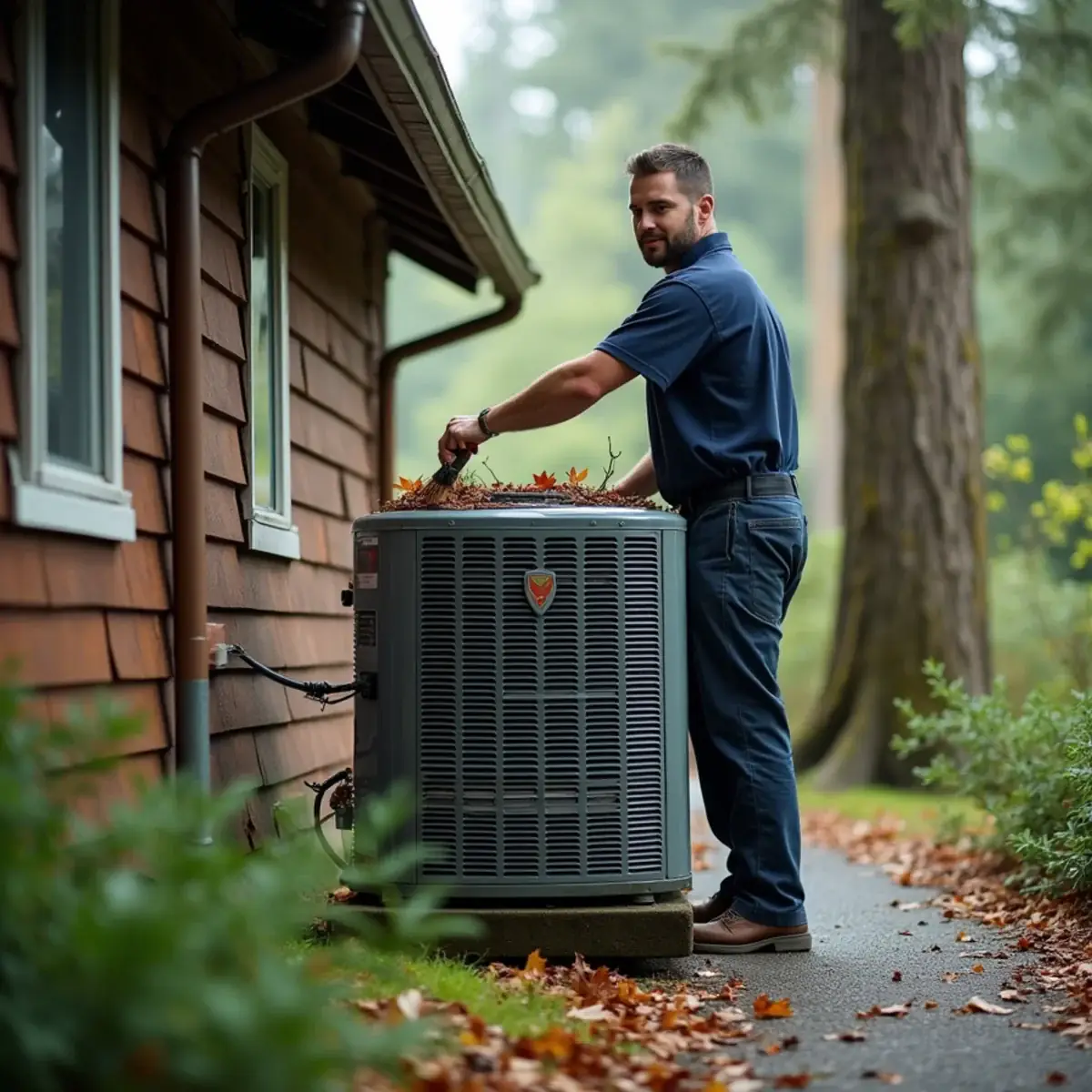 Technician clearing fir needles from a heat pump coil at a wooded Chico, WA home