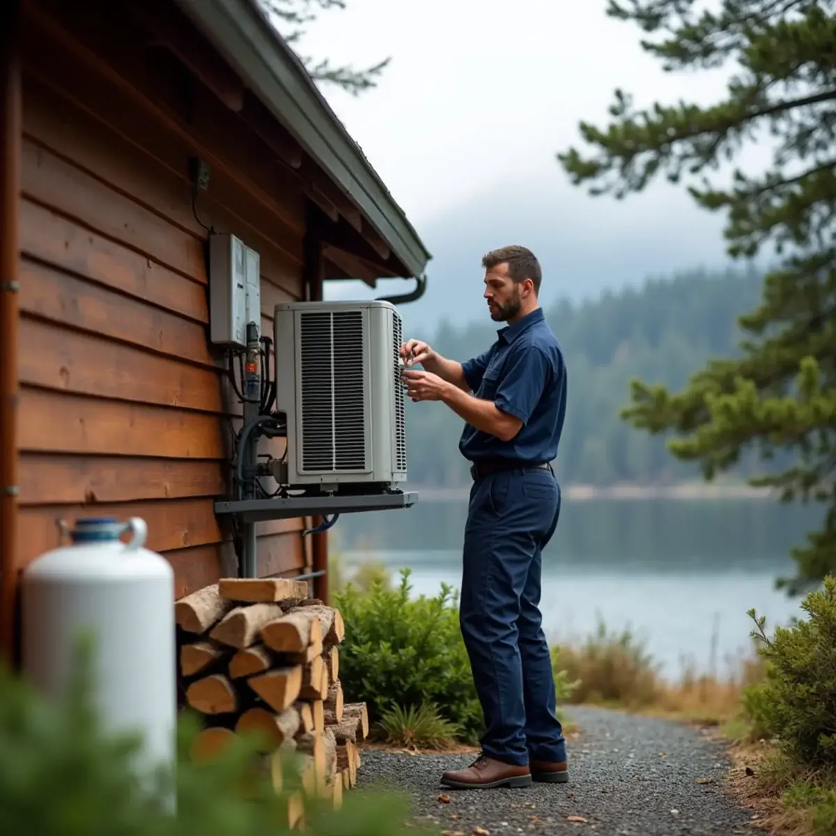 Ductless heat pump outdoor unit on a raised stand beside a Hood Canal cabin near Union, WA