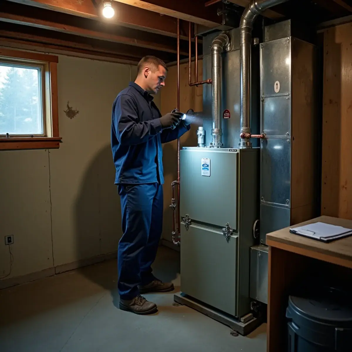 Technician inspecting an old oil furnace in a Shelton, WA basement before a heat pump conversion