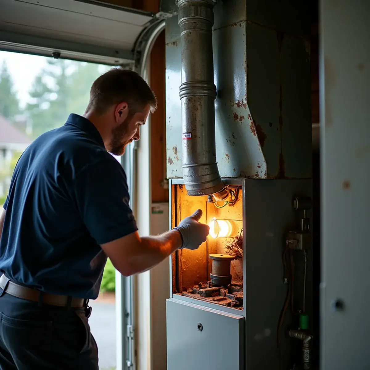 Technician inspecting an aging gas furnace heat exchanger in a Port Orchard, WA garage