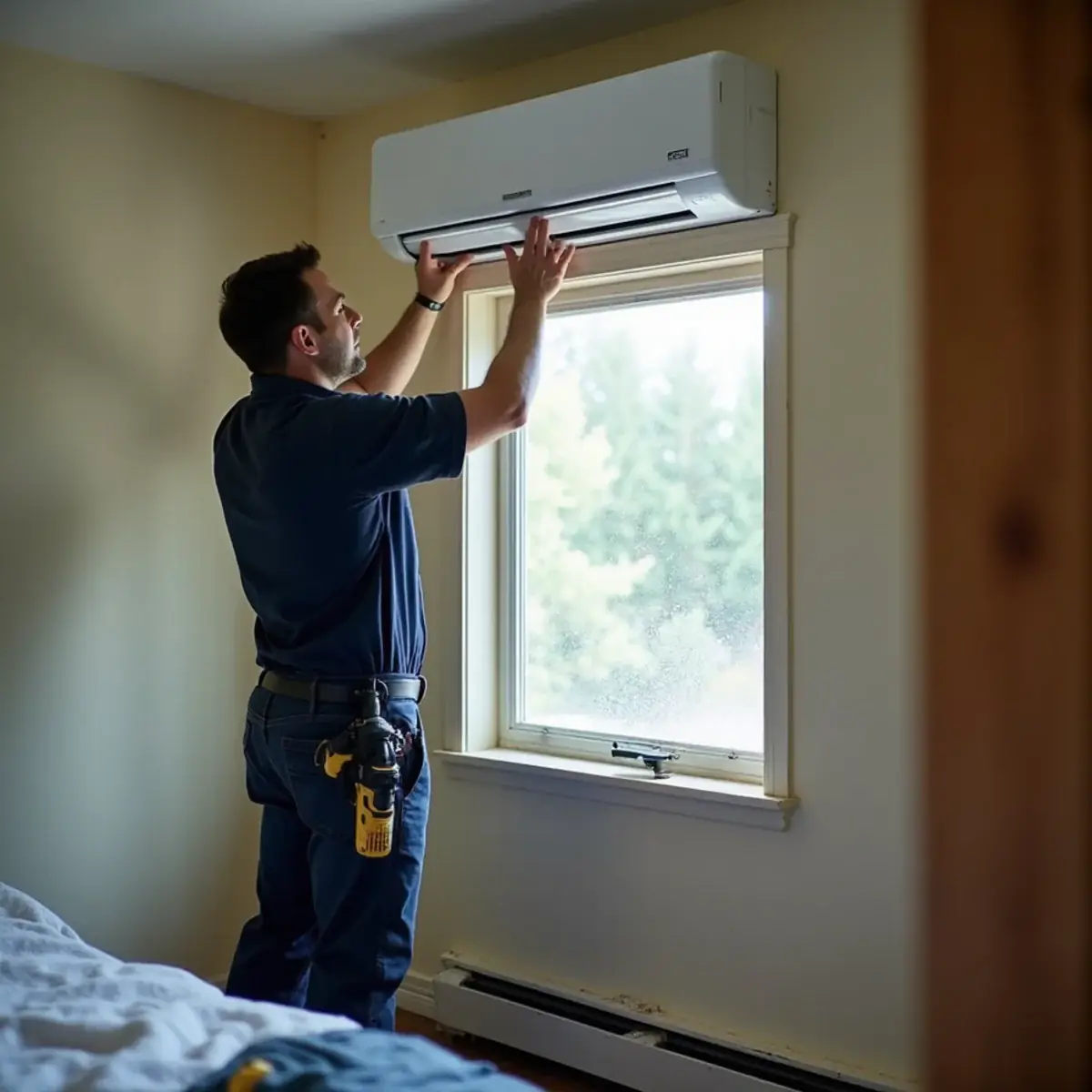 Technician mounting a ductless mini-split head above an old baseboard heater in a Bremerton, WA home