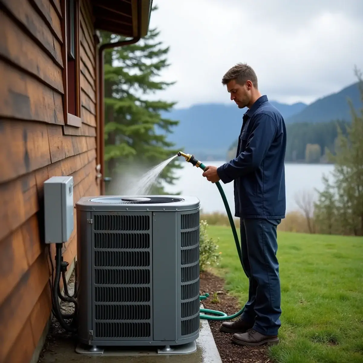 Technician rinsing a heat pump coil at a Seabeck, WA waterfront home on Hood Canal