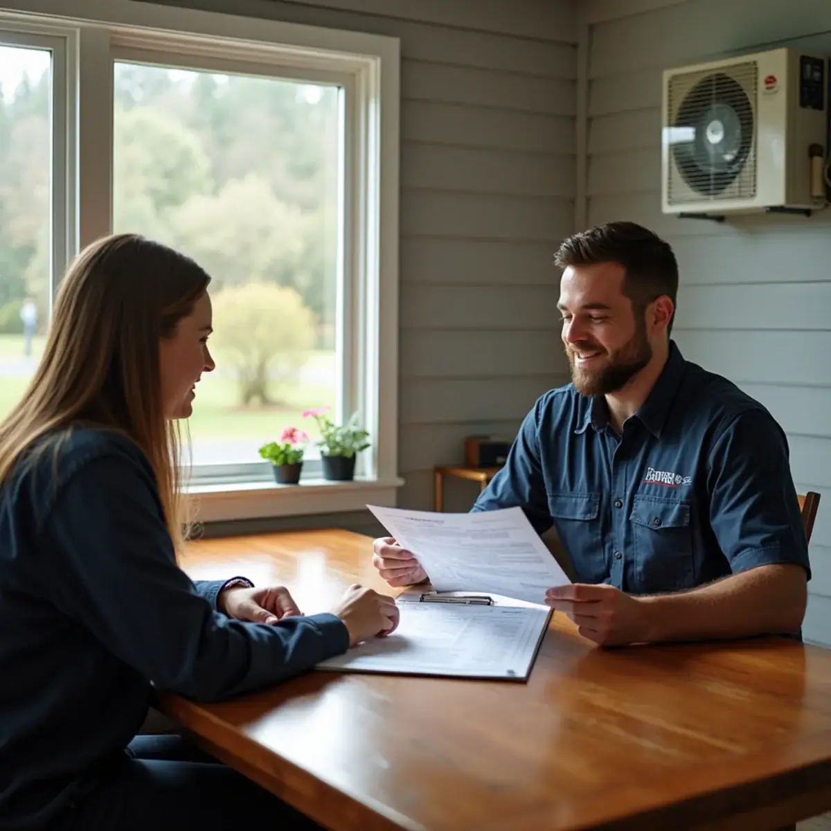 Homeowner and technician reviewing heat pump paperwork at a kitchen table on Bainbridge Island, WA