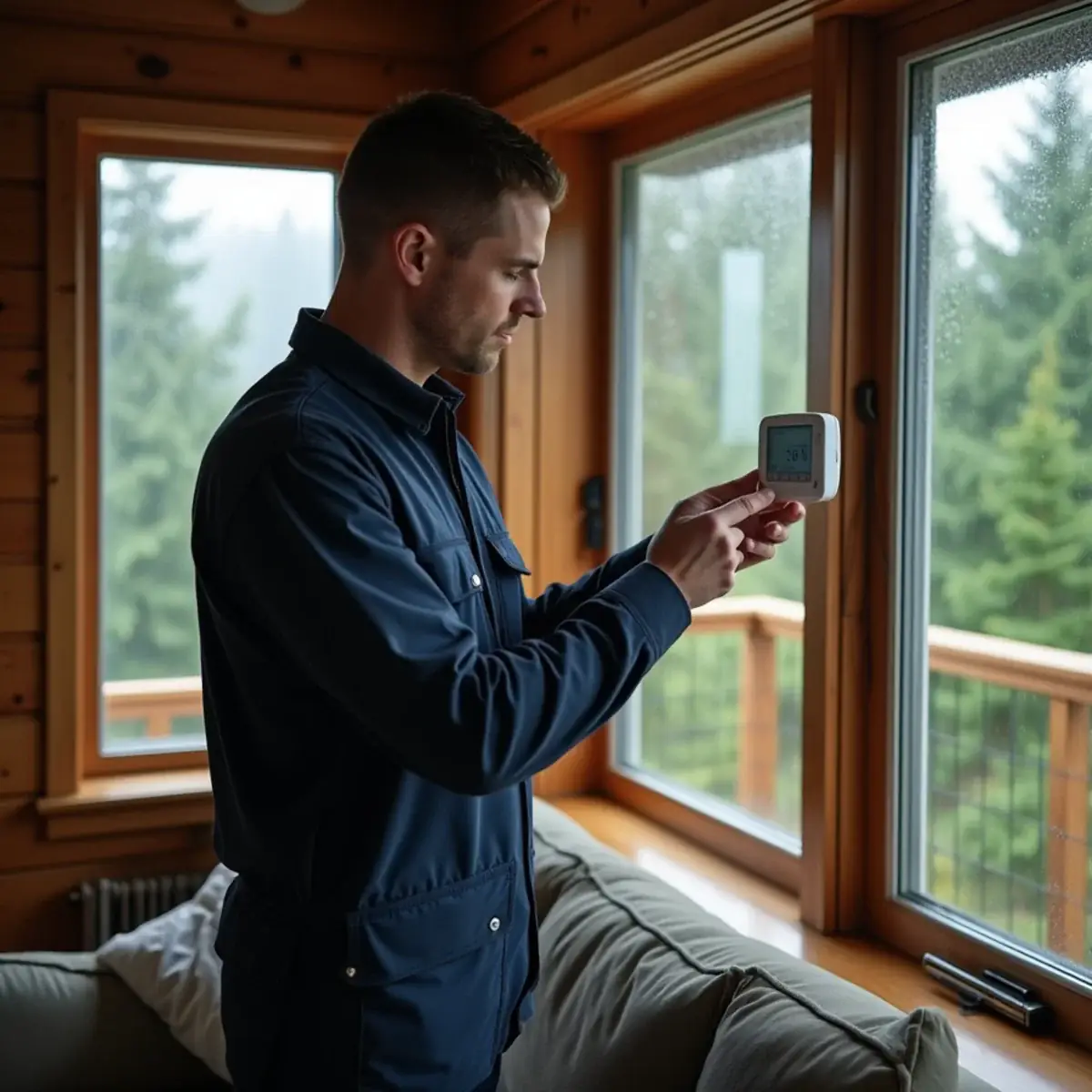 Homeowner reading a thermostat beside a technician in a Bremerton, WA living room