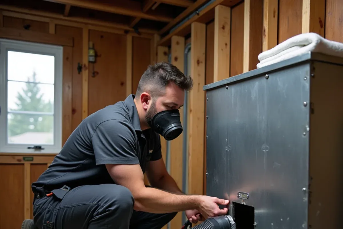 Technician connecting a negative pressure vacuum hose to a supply trunk during duct cleaning in Bremerton, WA