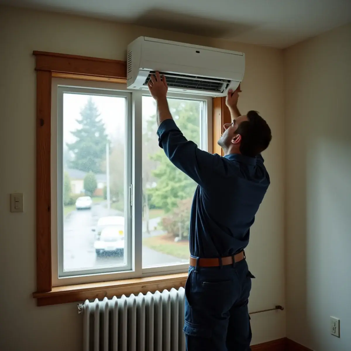 Wall-mounted ductless mini-split head in a living room of an older Bremerton, WA home