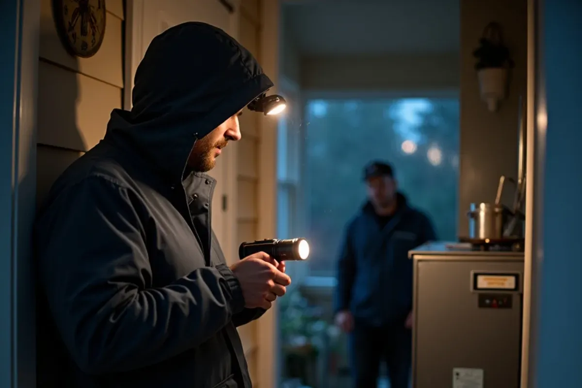 Technician checking for carbon monoxide near a furnace on an after-hours emergency HVAC call in Bremerton, WA