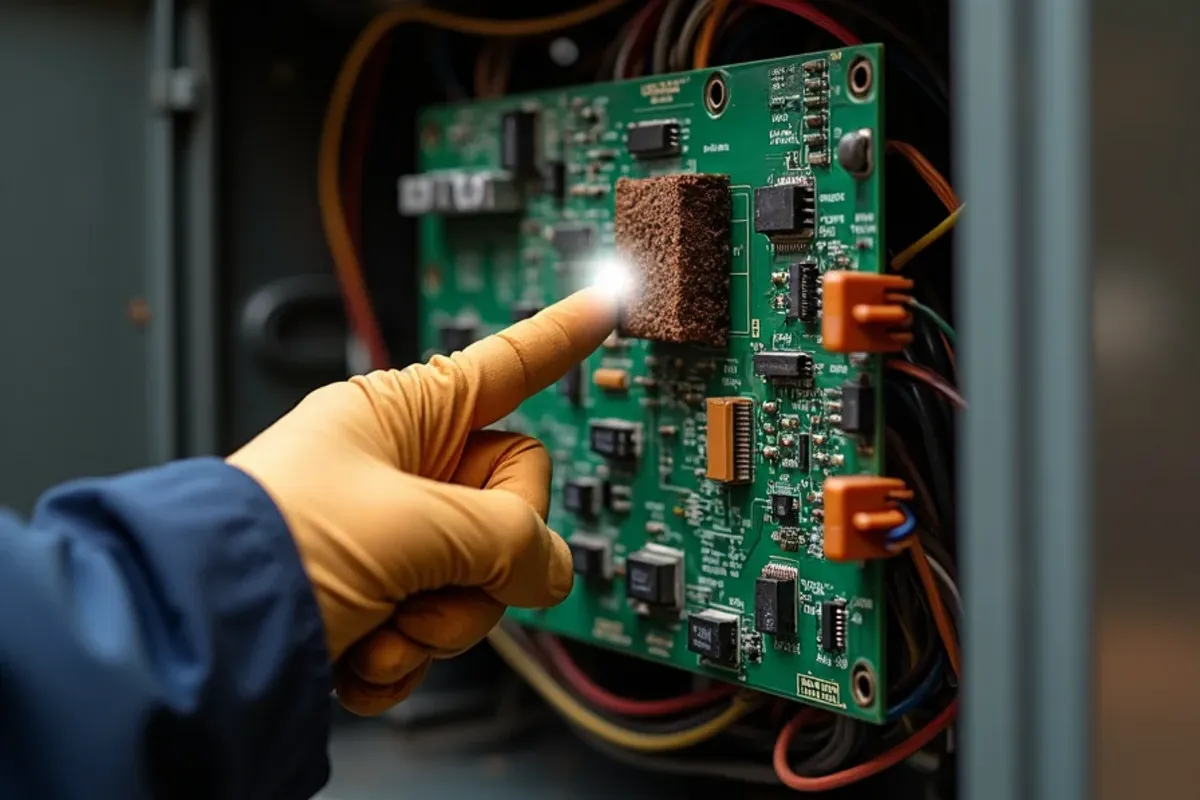 Surge-damaged furnace control board with a scorched relay found on an emergency HVAC repair in Bremerton, WA