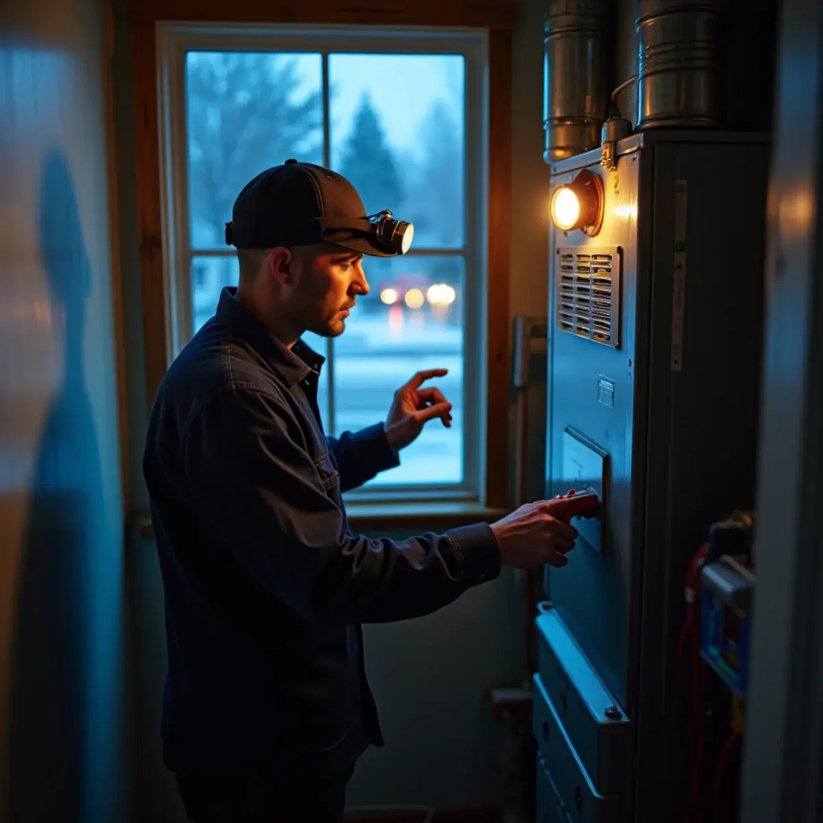 Technician diagnosing a failed furnace with a flashlight during an emergency call in Bremerton, WA
