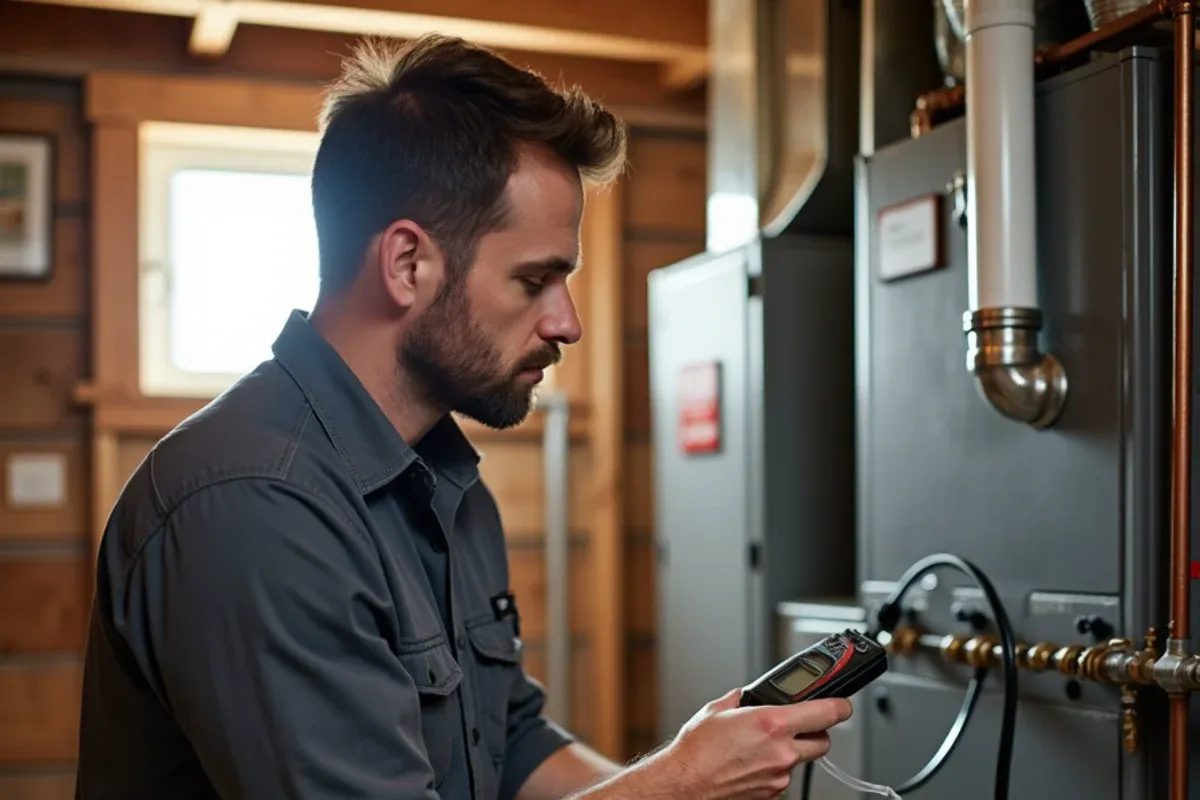Technician checking gas pressure with a manometer on a newly installed furnace in Bremerton, WA