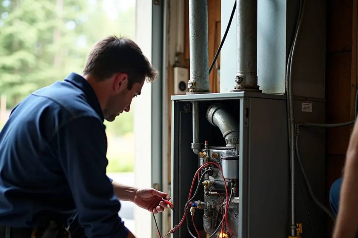 Technician testing a furnace flame sensor with a multimeter during furnace repair in Bremerton, WA