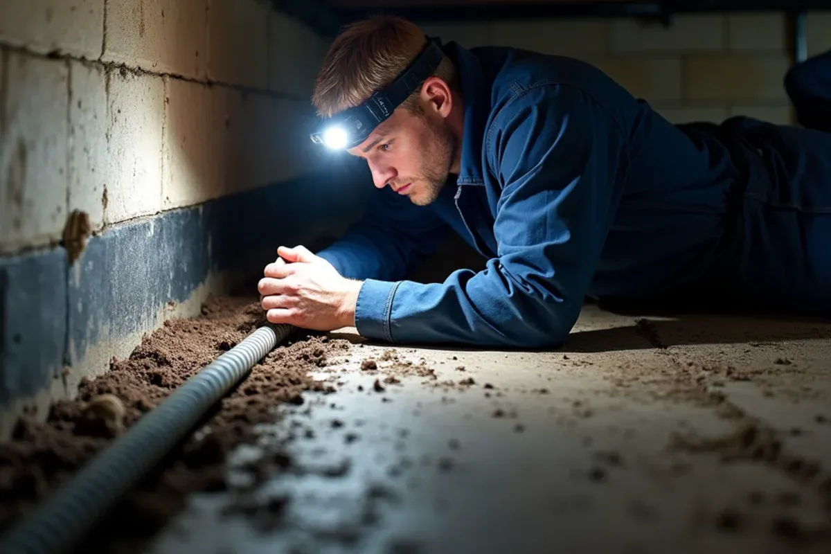 Technician running flexible gas pipe through a crawl space during gas line installation in Bremerton, WA