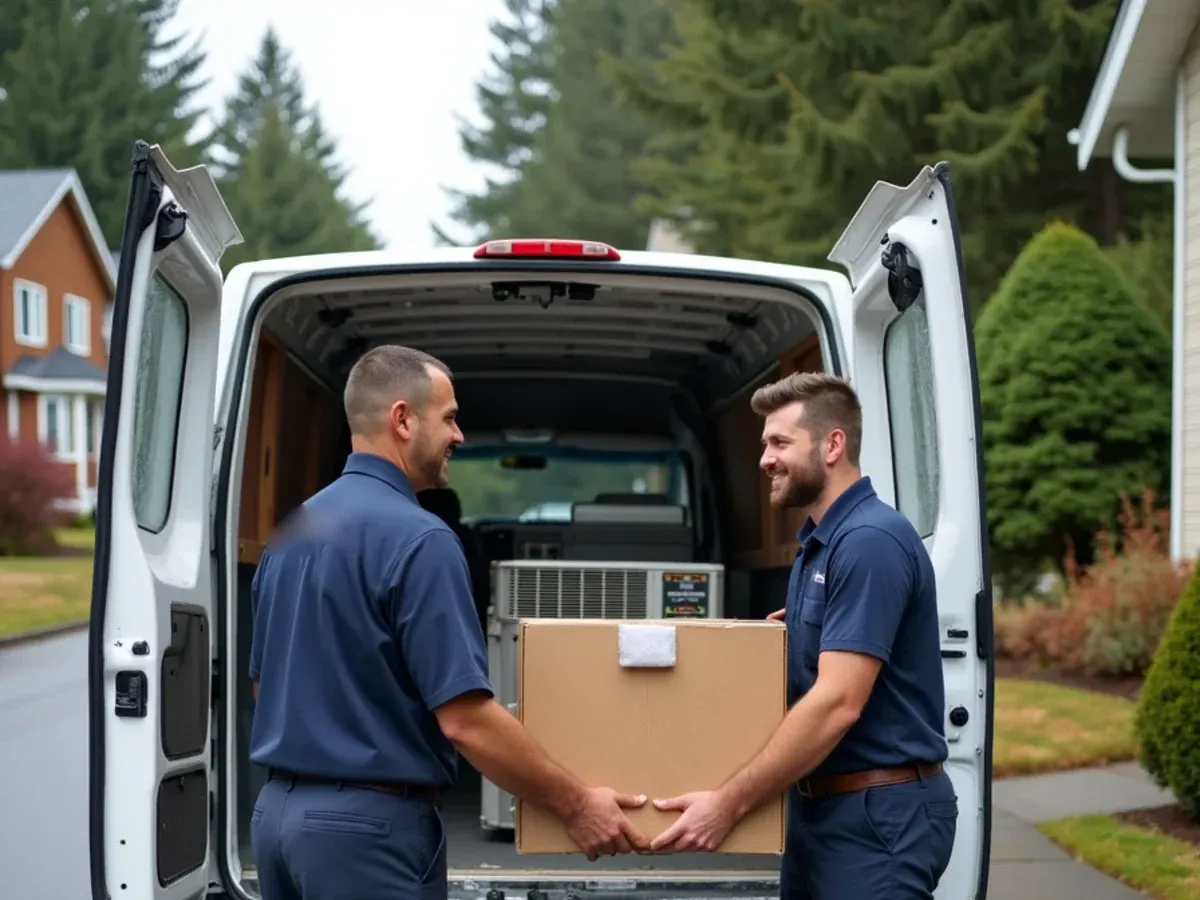 Local HVAC technicians loading a service van in Bremerton, WA
