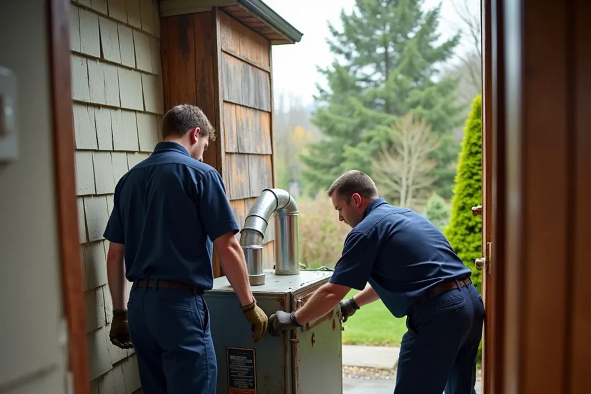HVAC technicians removing an old oil furnace from a basement during an HVAC replacement in Bremerton, WA