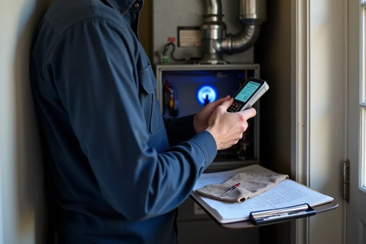 Technician running a combustion analysis on a gas furnace during an HVAC maintenance visit in Bremerton, WA
