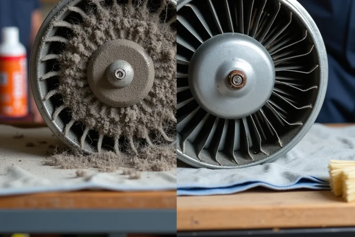 Dirty furnace blower wheel compared with a cleaned blower wheel after HVAC maintenance in Bremerton, WA
