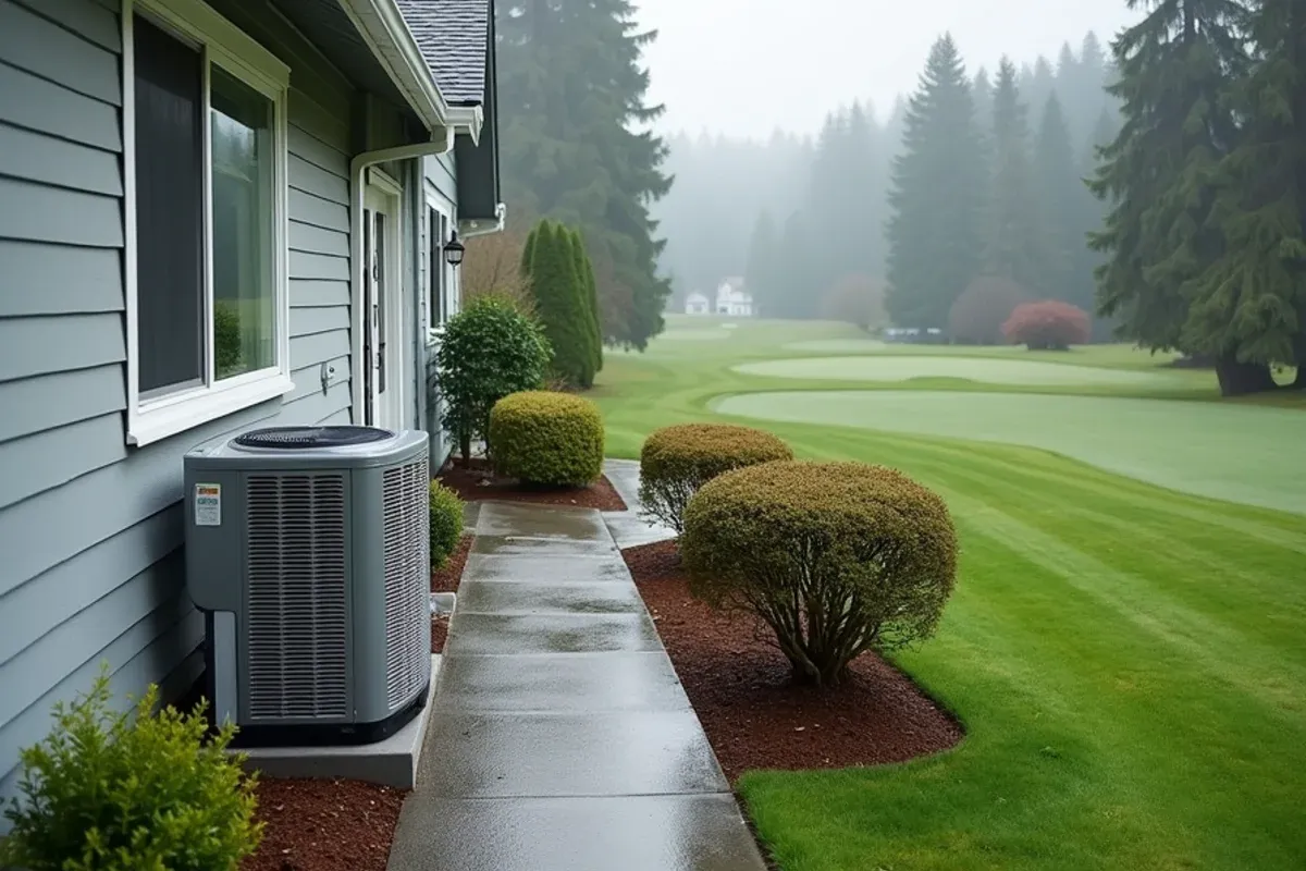Quiet inverter heat pump beside a single-level home on the fairways at Lakeland Village, Allyn, WA