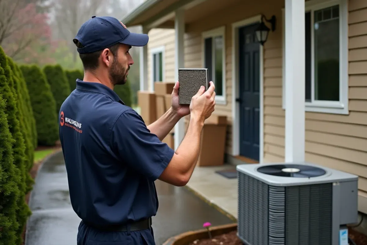 Technician documenting a heat pump at a 1990s rental home near Naval Base Kitsap-Bangor, WA