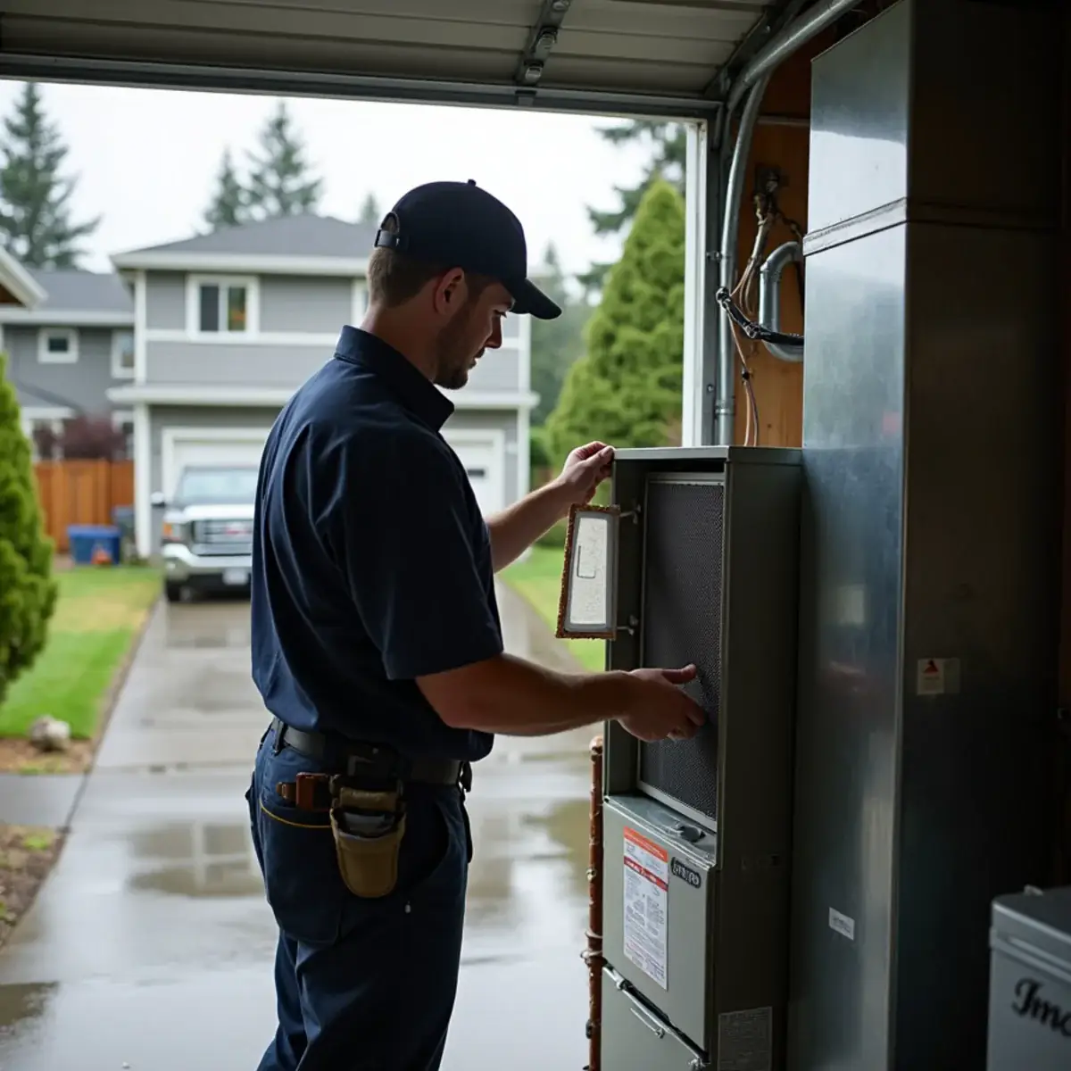 HVAC technician replacing a furnace filter in an off-base rental home near Bangor Base, WA