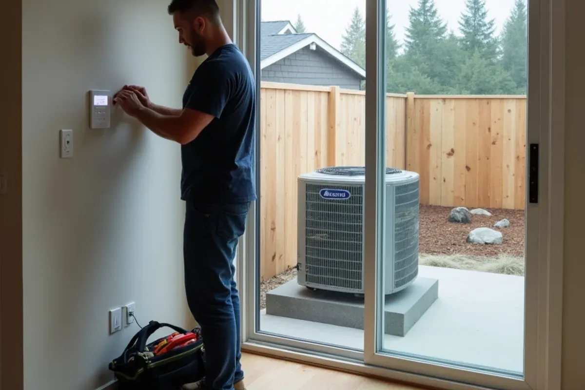 Technician adjusting heat pump thermostat settings in a new-construction home in Belfair, WA