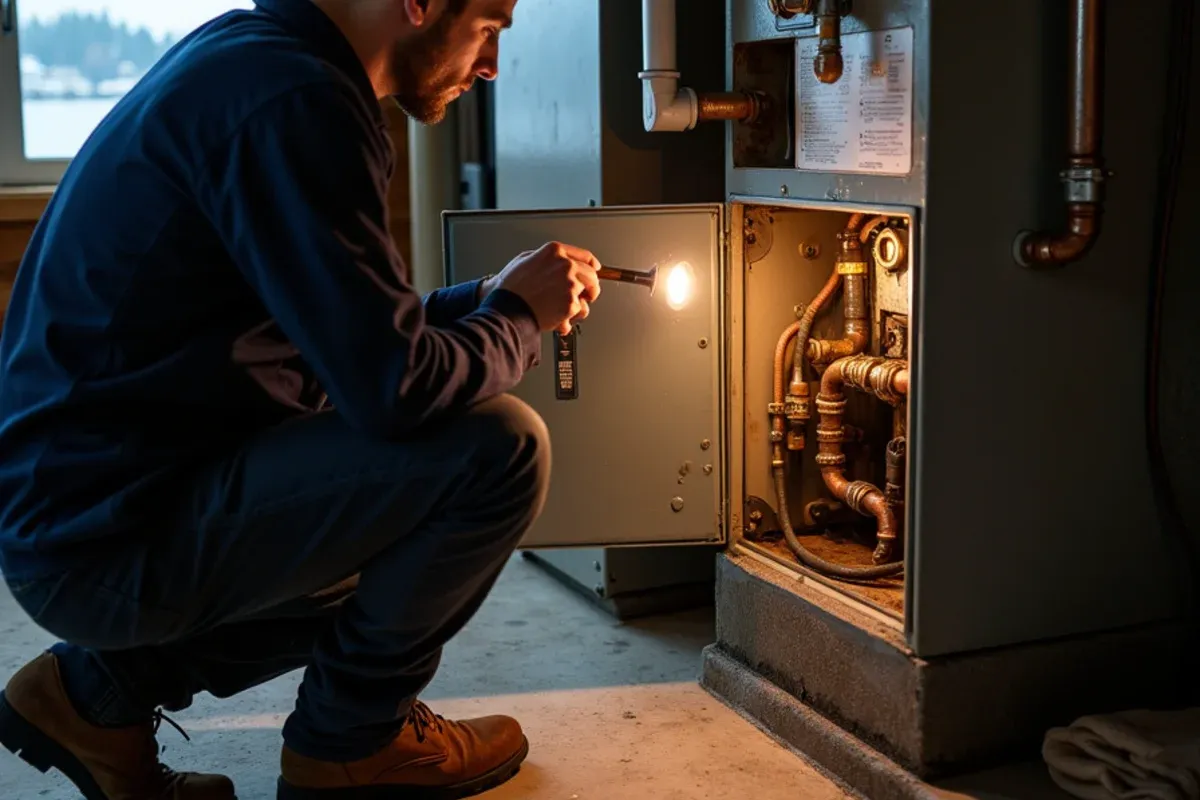 Technician inspecting an aging oil furnace in a waterfront home above Burke Bay in Brownsville, WA