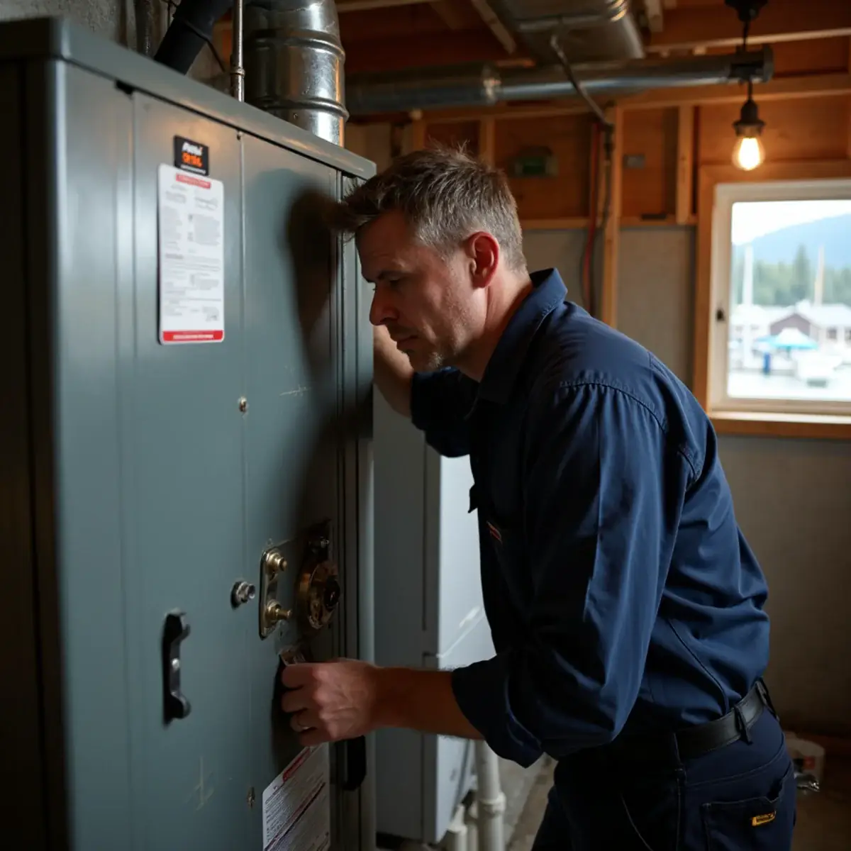HVAC technician inspecting an older oil furnace in a waterfront home on Burke Bay in Brownsville, WA