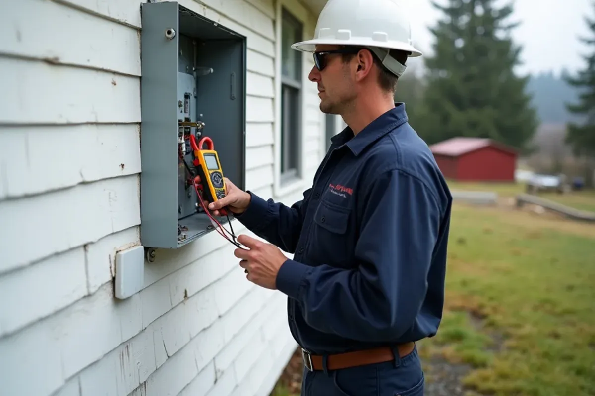 Technician checking an older electrical panel before a heat pump install at a Burley, WA farmhouse
