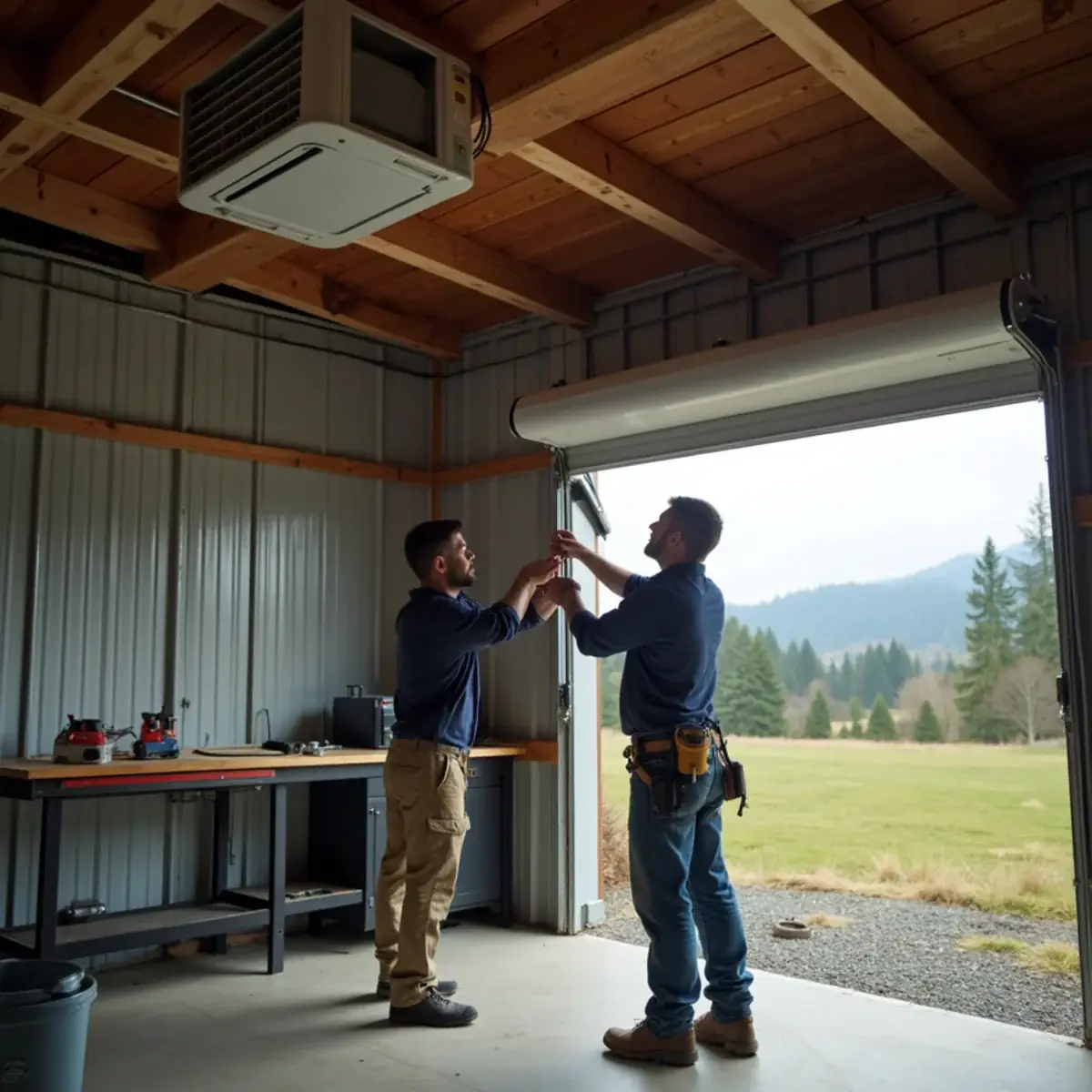 Technician mounting a mini-split in a detached shop building in Carlsborg, WA