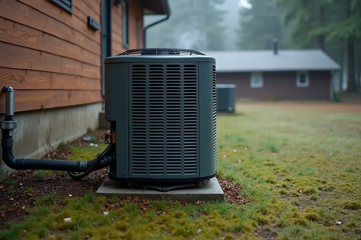Heat pump on a mossy, tilted pad under Douglas firs beside a 1970s rambler near Chico Creek, WA