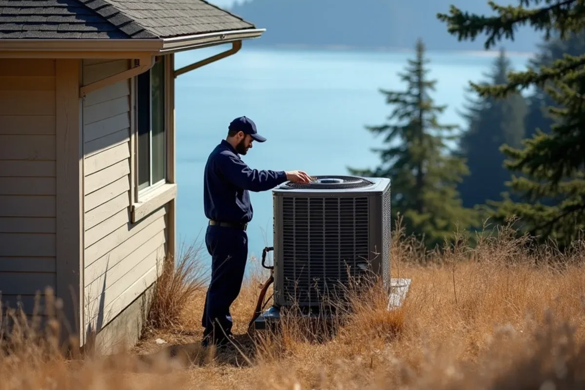 Heat pump anchored on the lee side of a bluff home above the Strait of Juan de Fuca in Clallam County, WA