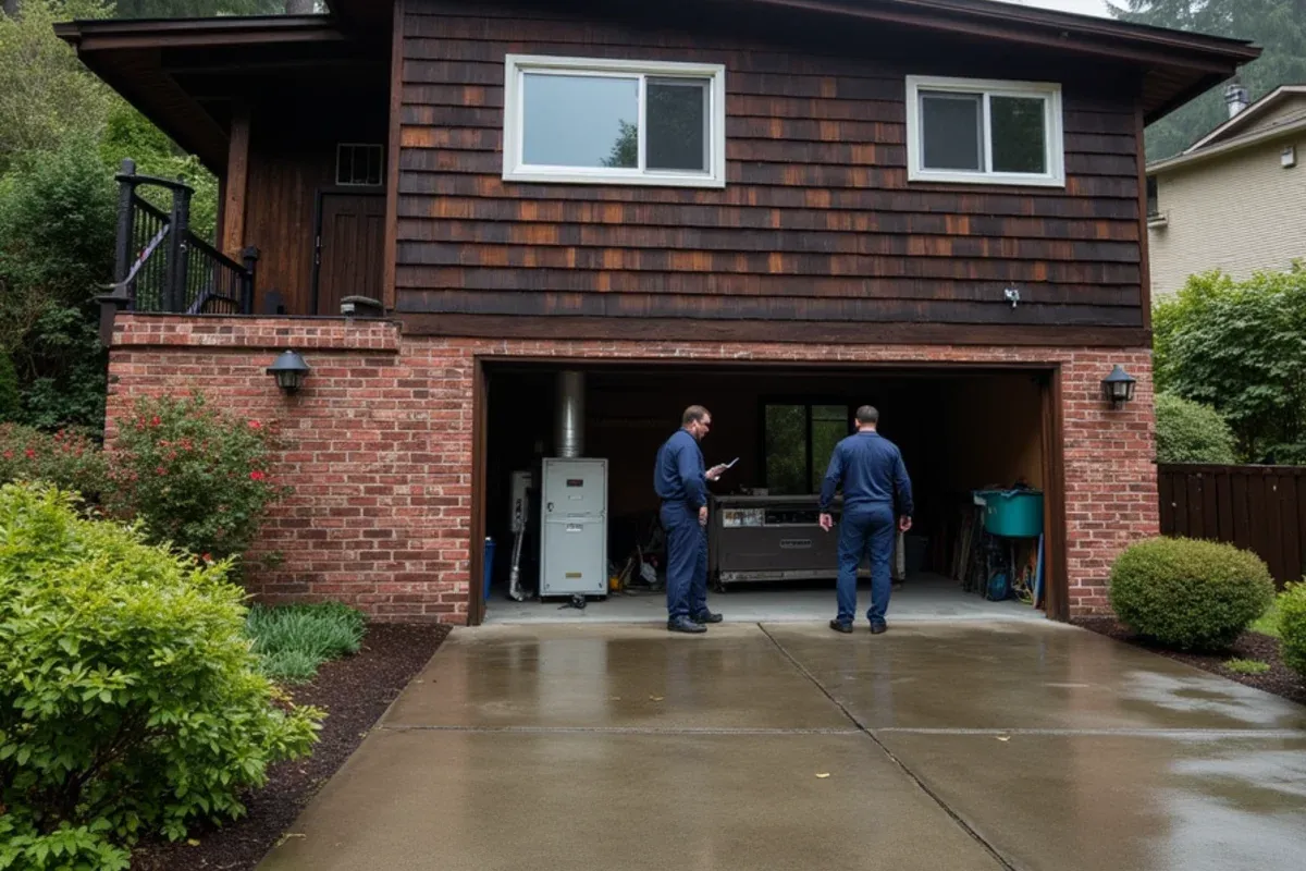 1970s split-level in East Port Orchard, WA with an old electric furnace visible in the open garage