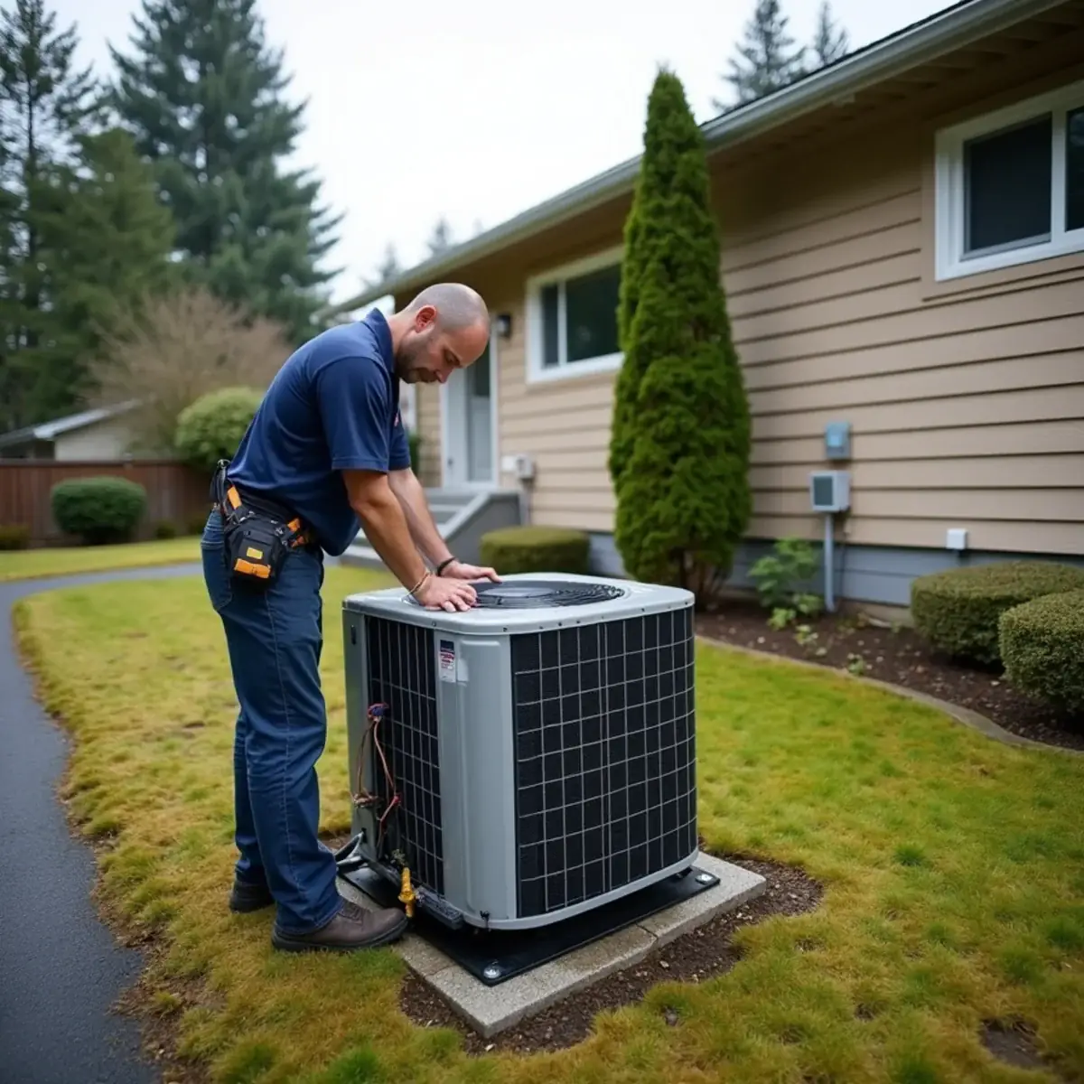 Technician installing a heat pump beside a 1970s split-level home in East Port Orchard, WA