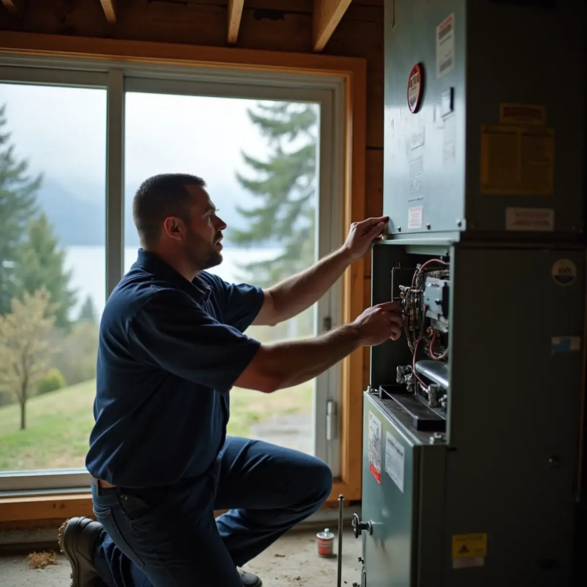 Technician inspecting a gas furnace in a 1960s daylight rambler in Edmonds, WA