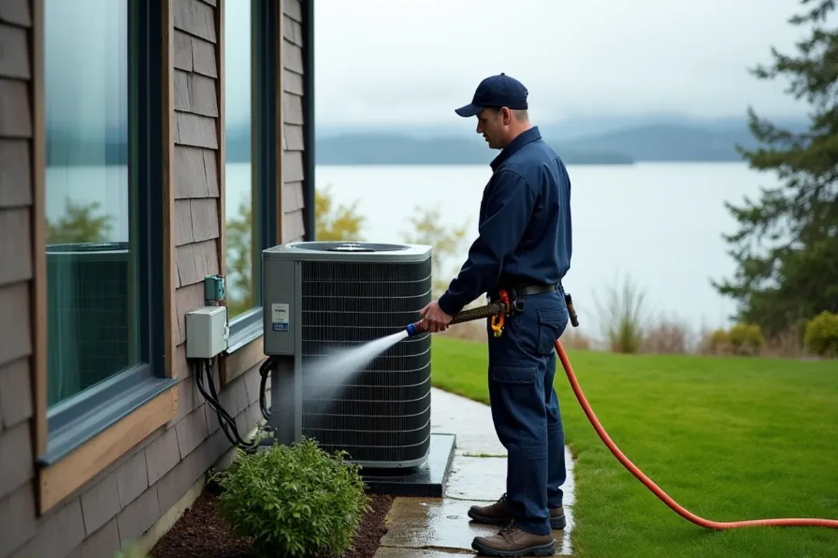 Technician gently rinsing a coated heat pump coil at a glass-walled waterfront home on Fox Island, WA