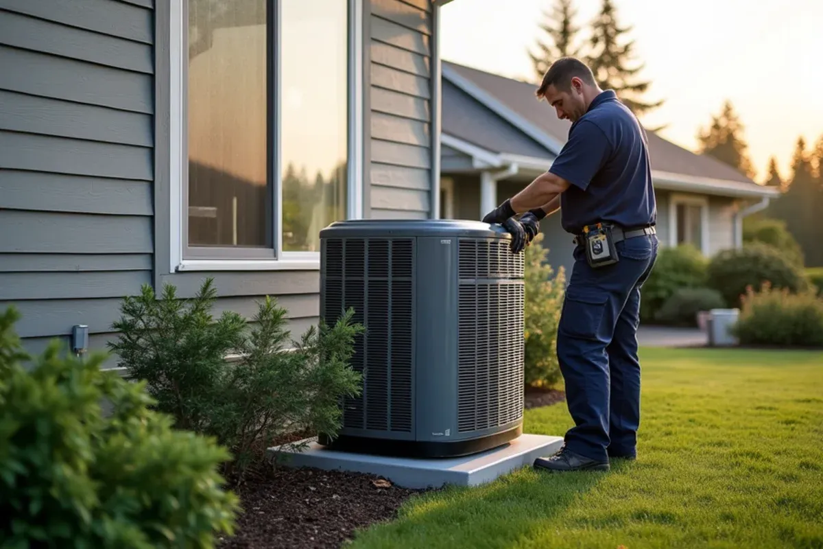 Variable-speed heat pump beside a two-story home with a bonus room over the garage in Gig Harbor, WA