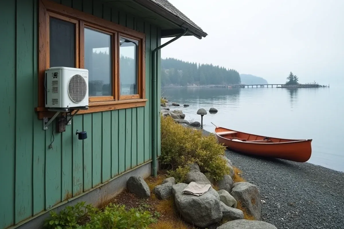 Small ductless heat pump at a mid-century waterfront cabin facing Stretch Island in Grapeview, WA