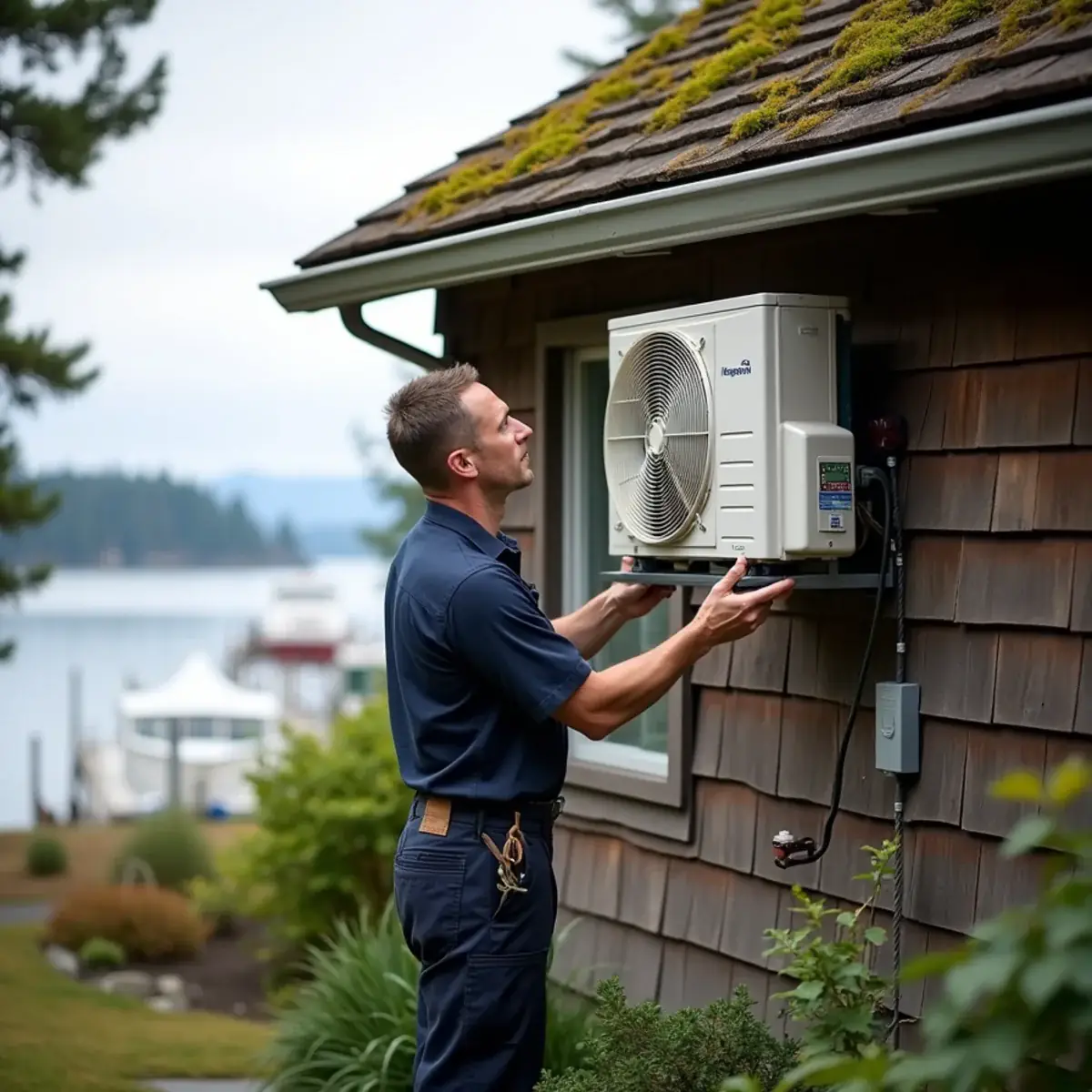 HVAC technician mounting a ductless heat pump on an older waterfront cabin in Grapeview, WA