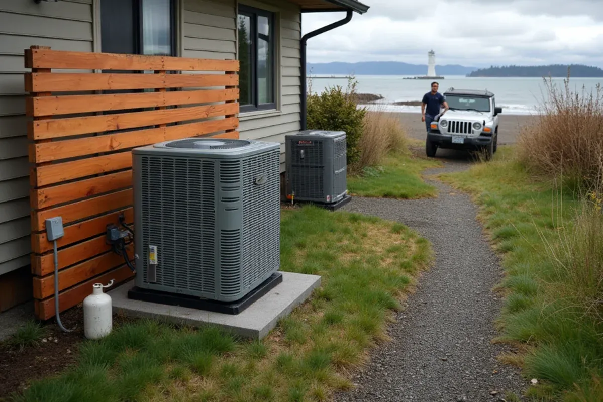 Heat pump anchored behind a windbreak at a 1970s rambler near Point No Point in Hansville, WA