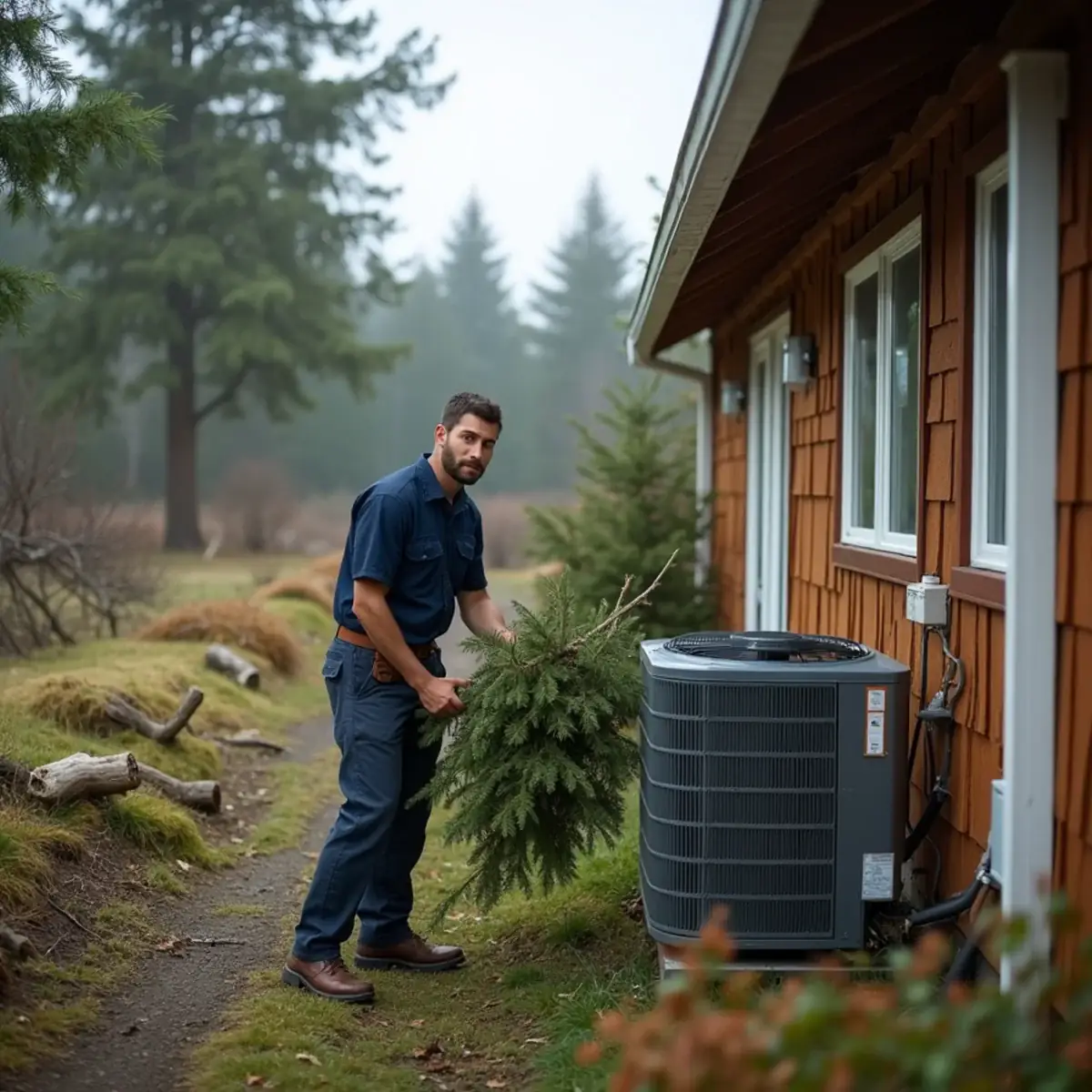 HVAC technician clearing storm debris from a heat pump at a windswept home in Hansville, WA