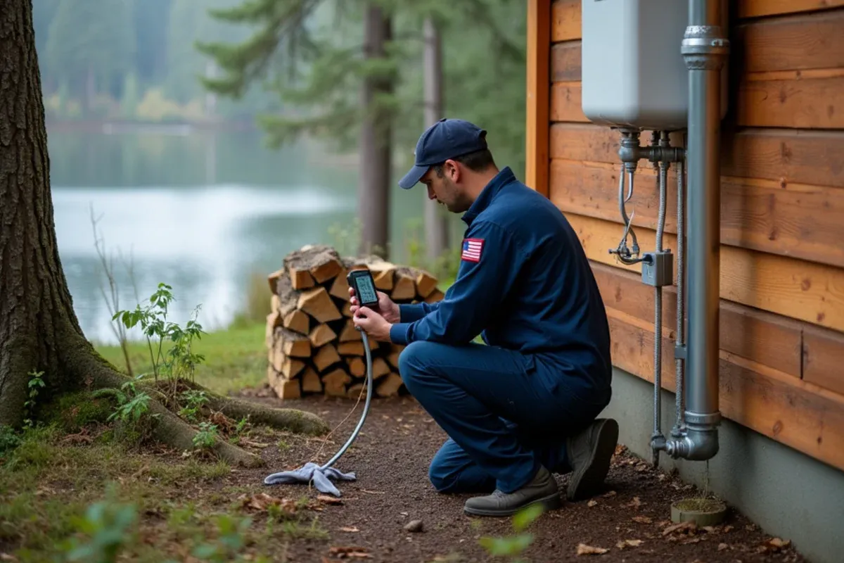 Technician checking propane gas pressure at an owner-built home on wooded acreage near Von Geldern Cove in Home, WA